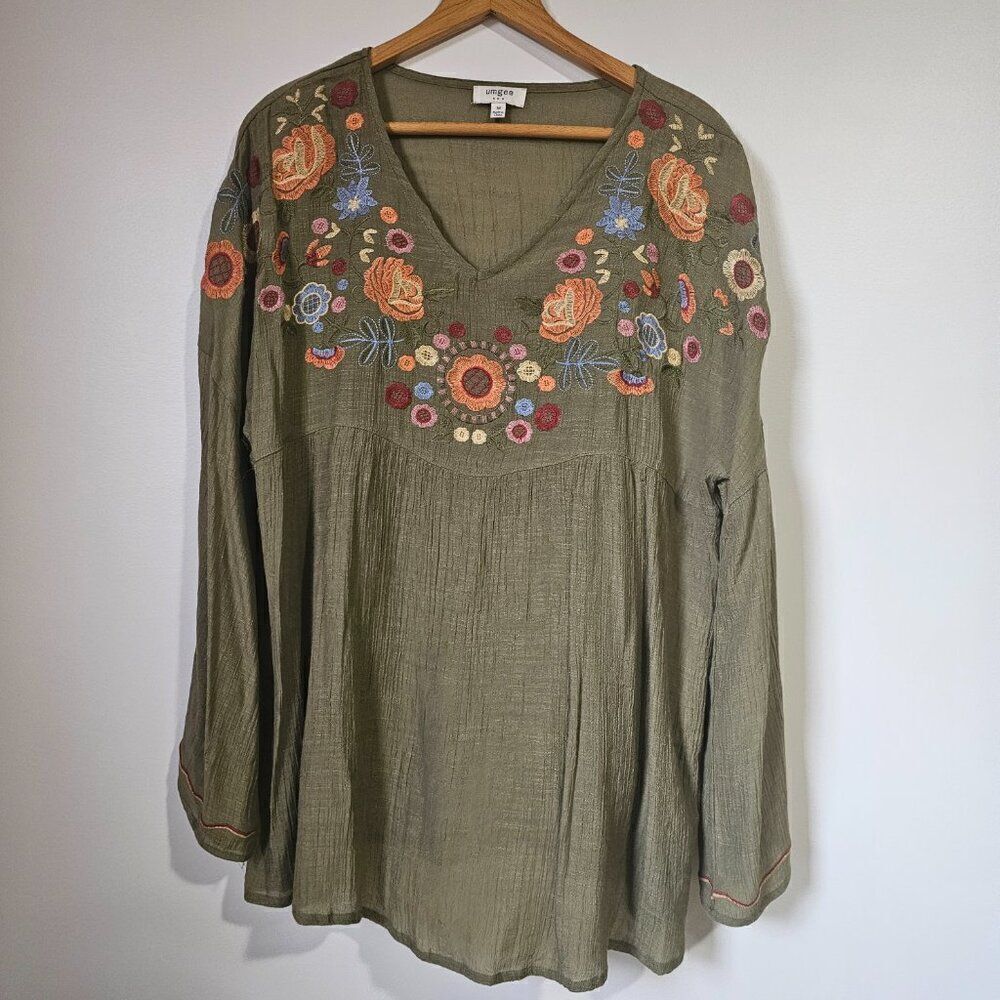 Umgee Olive Green Long Sleeve Embroidered V-Neck Top